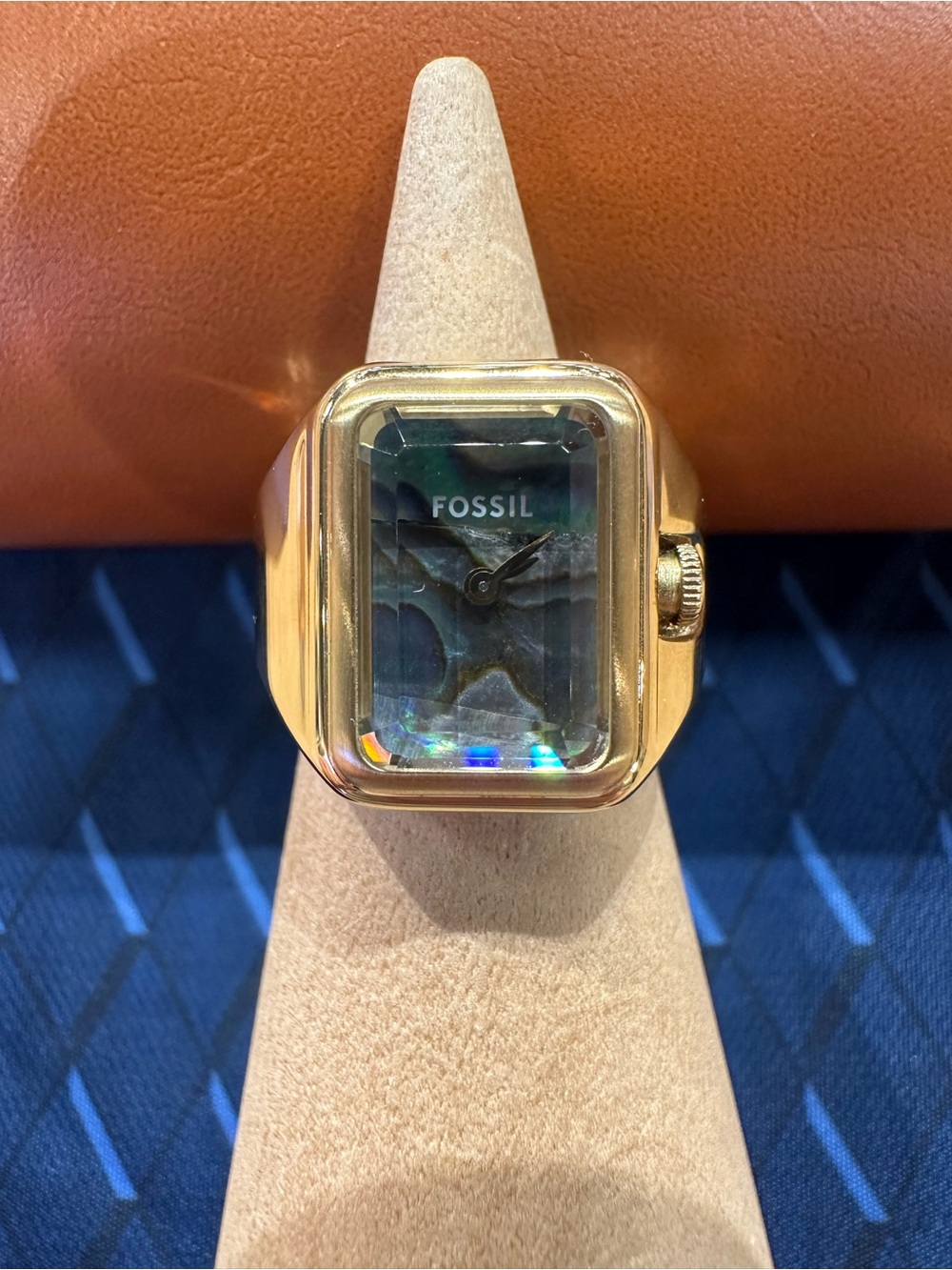 Fossil Gold-Tone Ring Watch with Iridescent Mother-of-Pearl Dial
